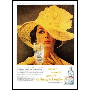 1963 Gilbey's Vodka Vintage Print Ad Brunette Yellow Flower Hat Lemon Wall Art